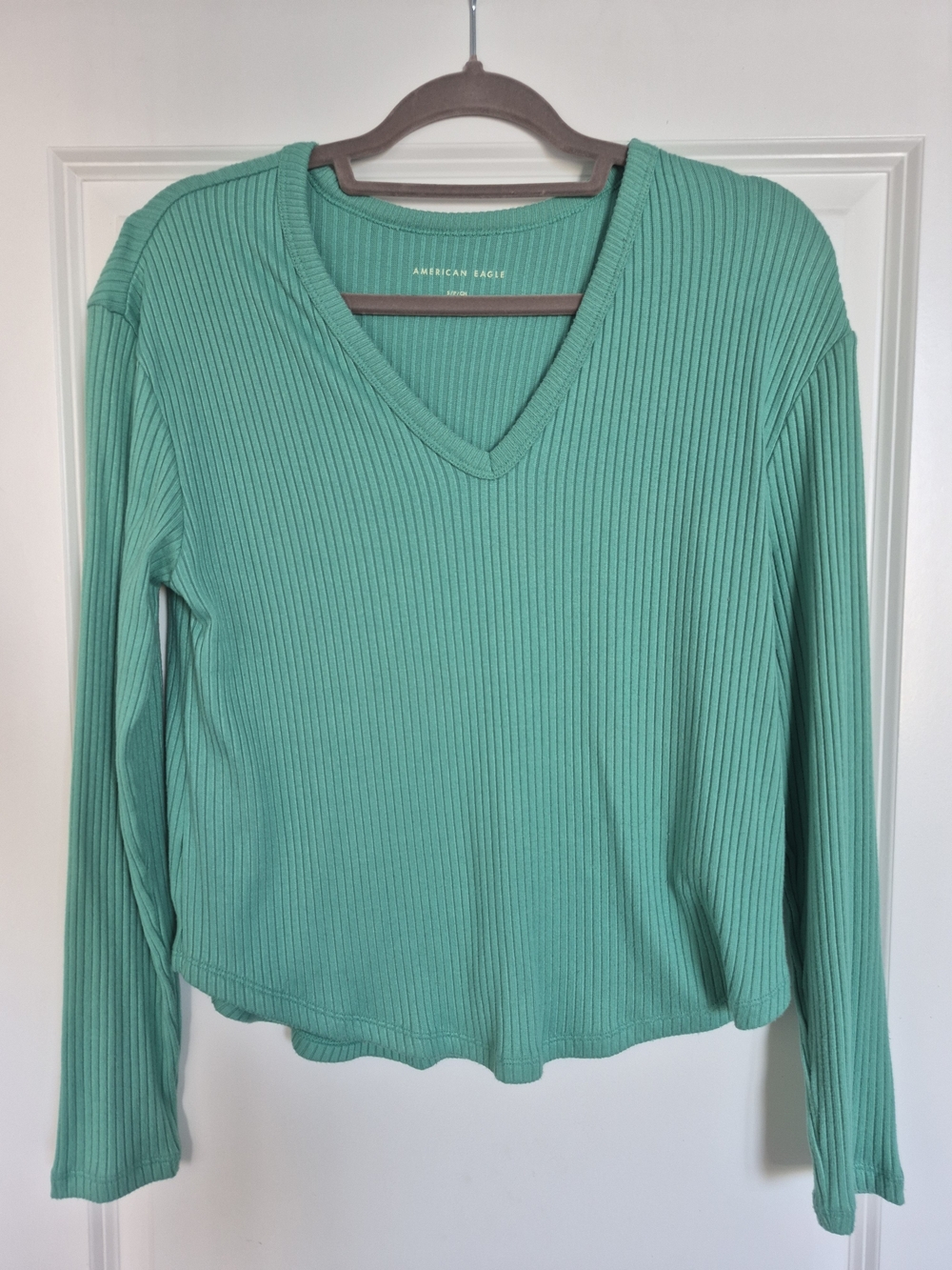 American Eagle Outfitters Ribbed V-Neck Long Sleeve Top - Teal